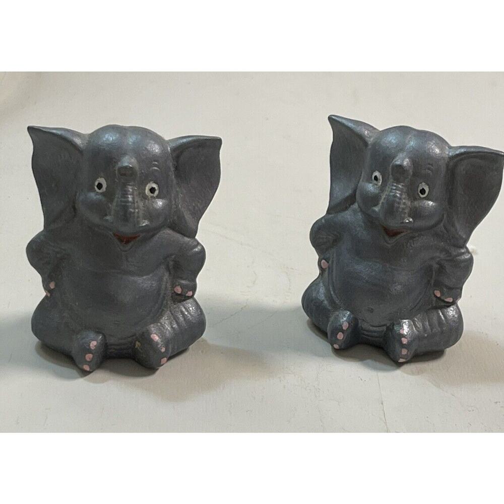 Vintage Trinket Elephant Figurine Hand Painted Signed Trunk Up Gray Set